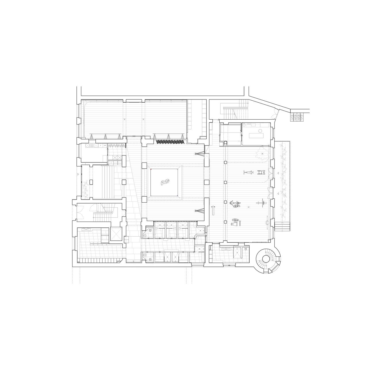 Architektonischer Grundrissplan eines Gebäudes mit verschiedenen Räumen und Funktionsbereichen