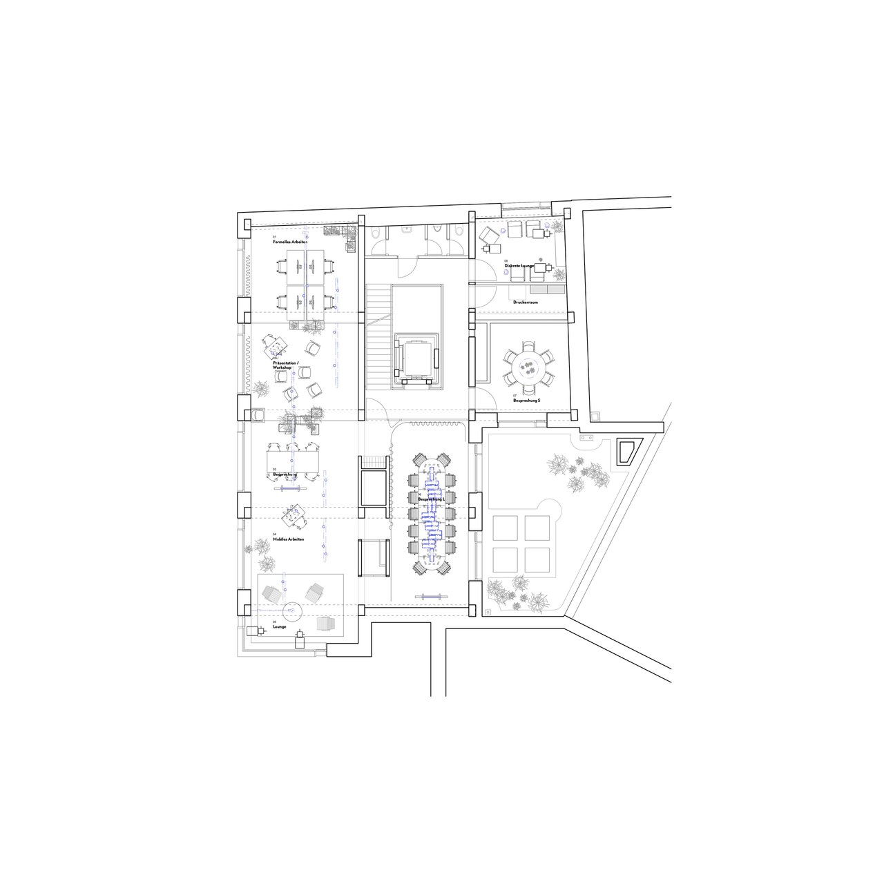 Architektonischer Grundriss eines modernen Wohnhauses mit verschiedenen Funktionsbereichen wie Wohnzimmer, Küche, Schlafzimmer und einem Gartenbereich.