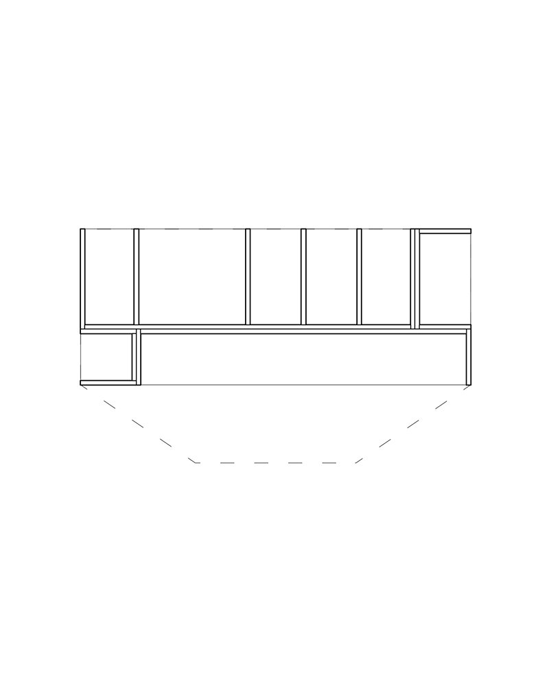 Technische Zeichnung eines horizontalen Schrank- oder Regalmoduls mit mehreren vertikalen Fächern und einer Basisplatte.