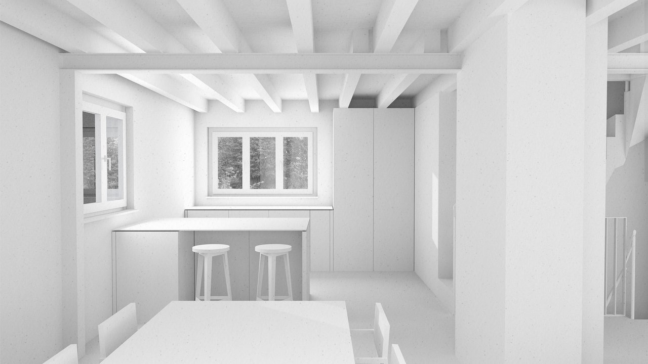 Minimalistisches, helles Wohnzimmerinterieur mit Holzbalkenstruktur, Esstisch und Fensterblick