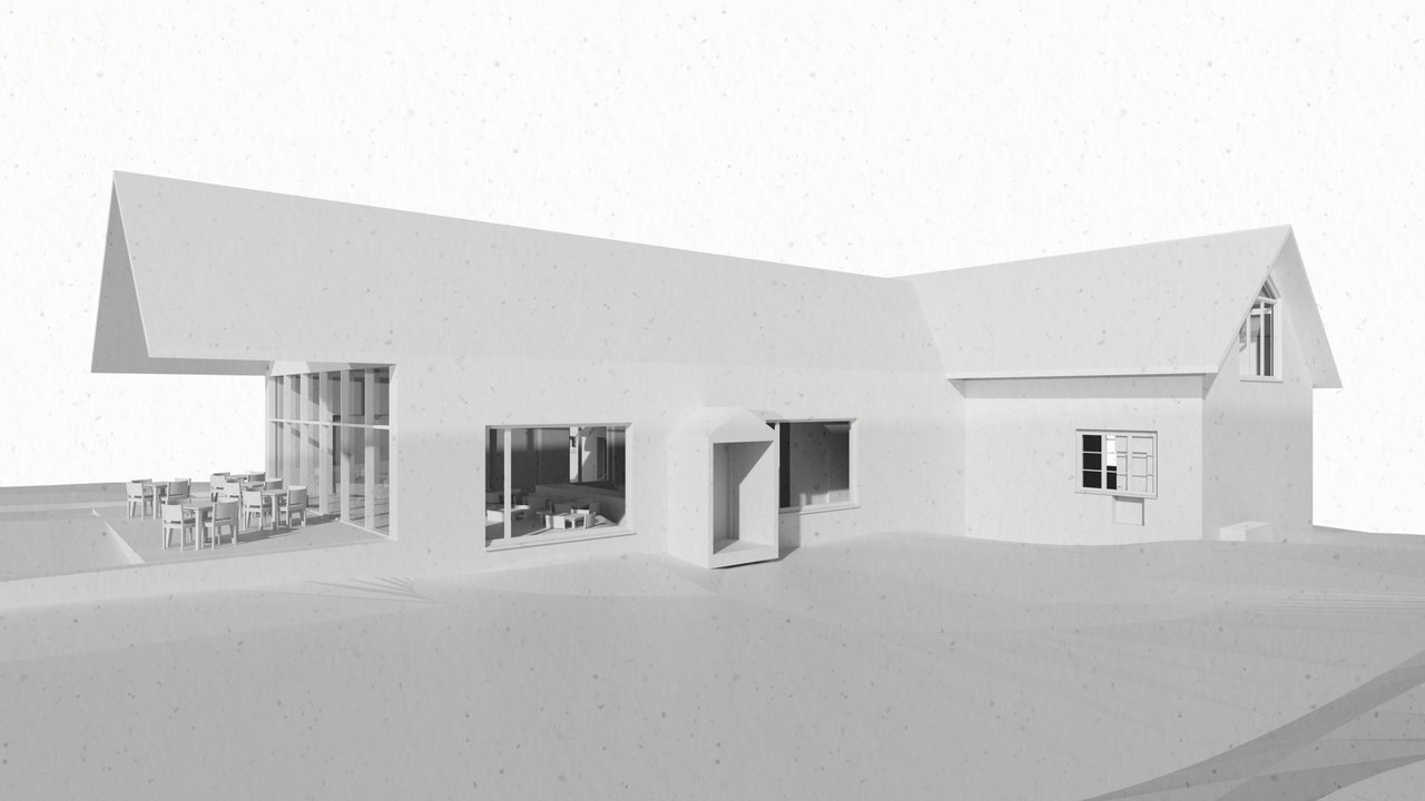 Architektonischer Entwurf eines modernen, minimalistischen Wohnhauses mit großen Fenstern und flachem Dach
