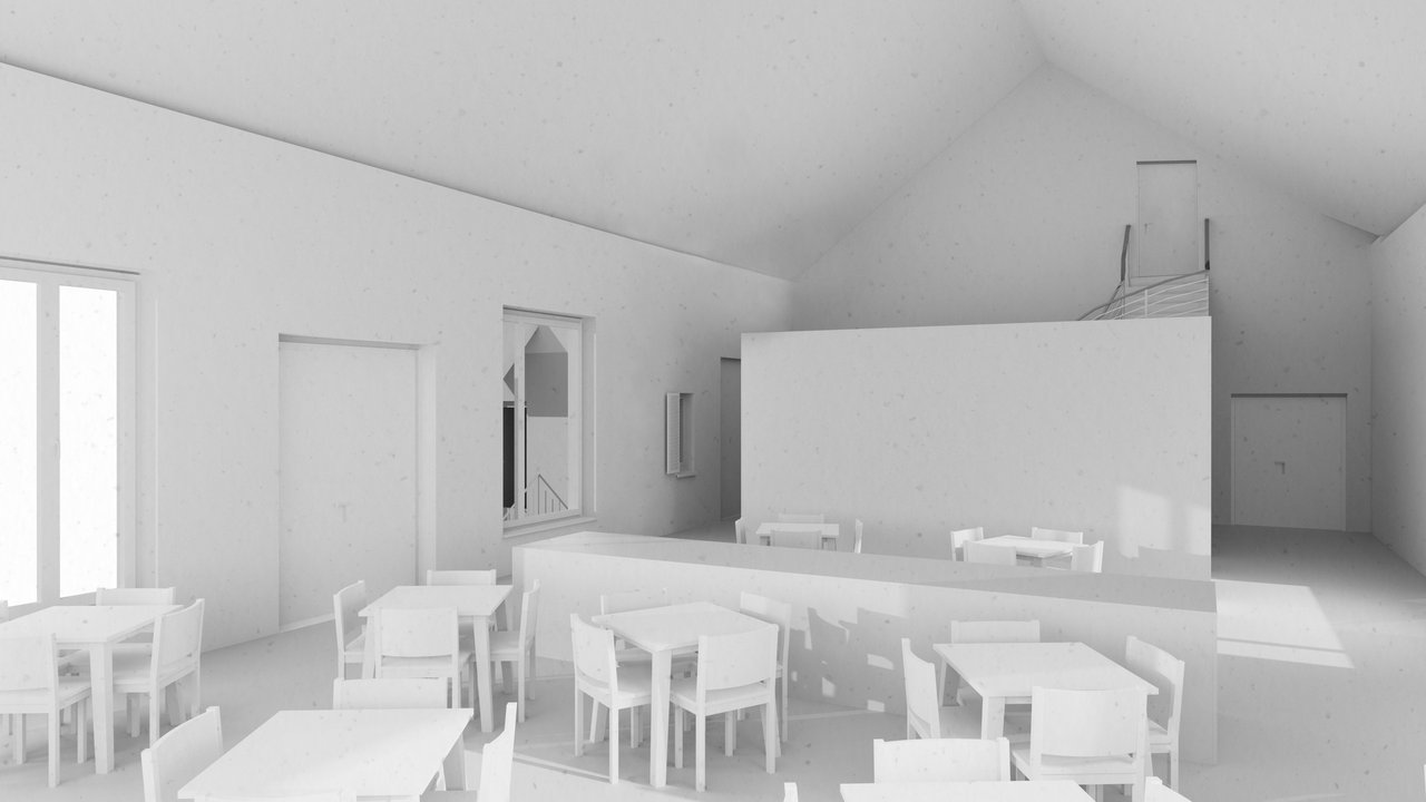Architektur-Rendering eines modernen, hellen Gemeinschaftsraums mit Tischen und Stühlen, geeignet für Cafés oder Co-Working-Spaces.